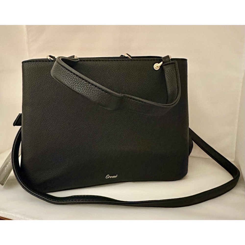 Crossi Black Faux Leather Satchel Double Bow Accent Gold Hardware Inner Pockets - Picture 2 of 7